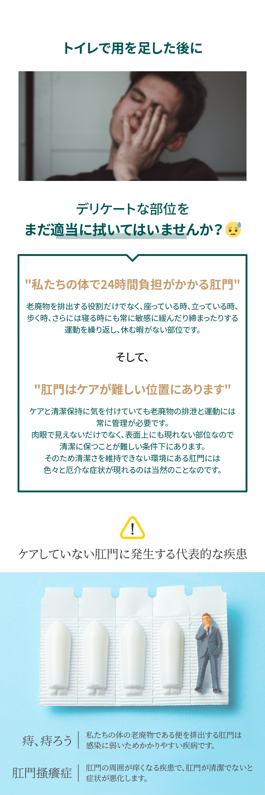 ケアが難しい位置にある肛門はオリジナルウェットシートの水に流せるポケットサイズウェットティッシュをご使用ください。